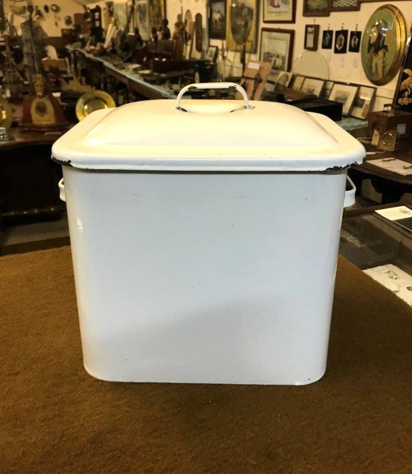 Vintage Black & White Enamel Bread Bin with Ventilated Lid