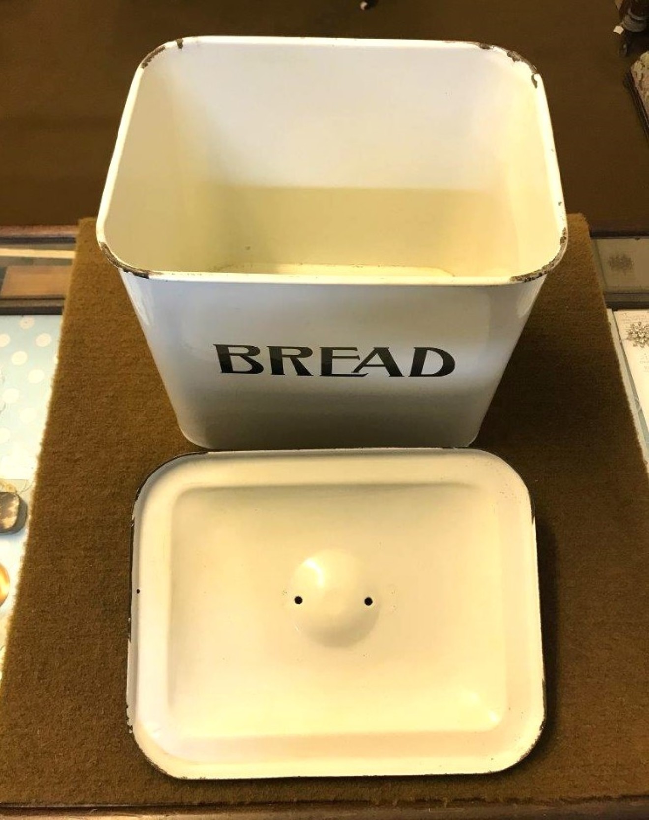 Vintage Black & White Enamel Bread Bin with Ventilated Lid