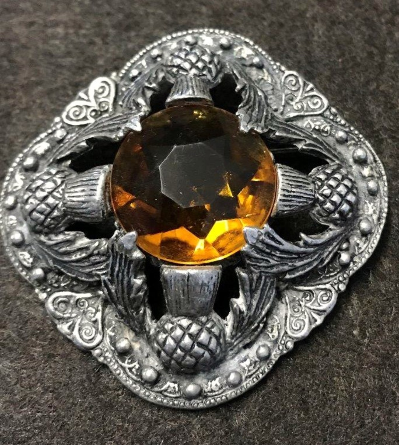 Vintage Large Scottish Thistle Design & Amber Rhinestone Brooch