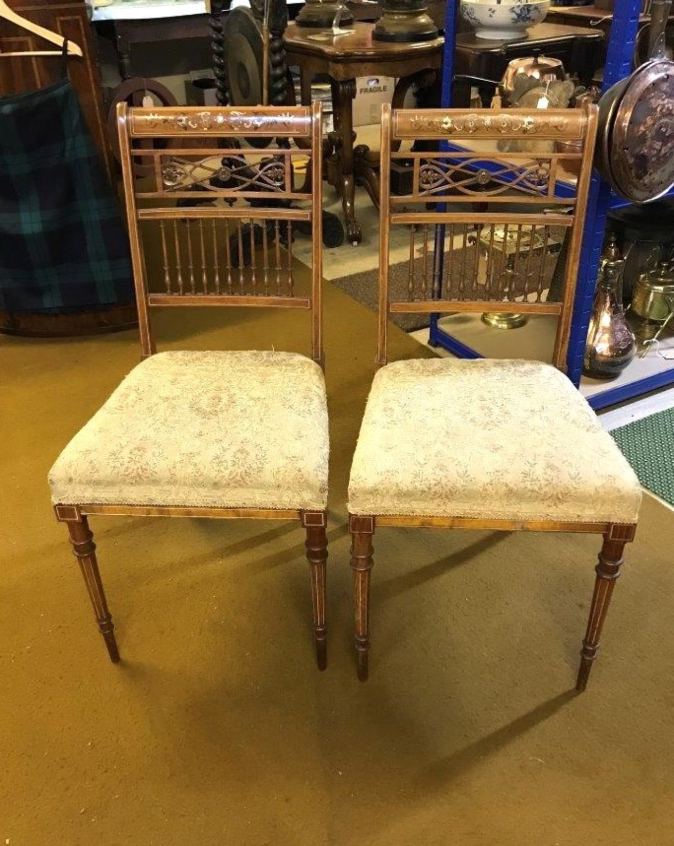 Edwardian Pair of Mahogany Inlaid and Painted Side / Dining Chairs