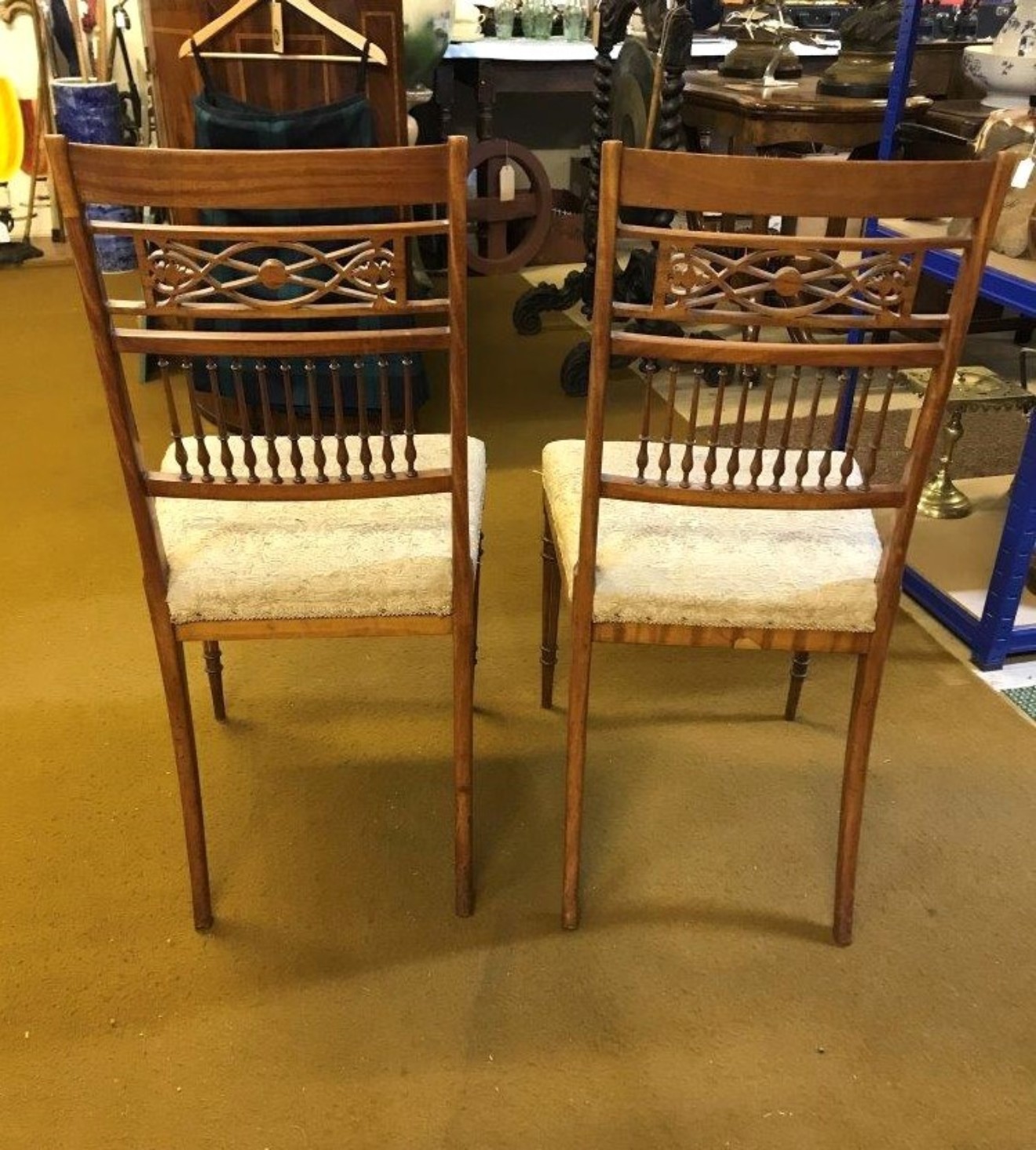 Edwardian Pair of Mahogany Inlaid and Painted Side / Dining Chairs