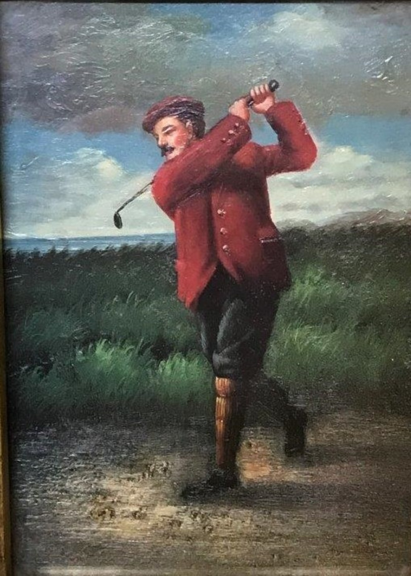 Vintage Oleograph Painting of Golfer in a Carvers and Guilders Gilded Wood Frame