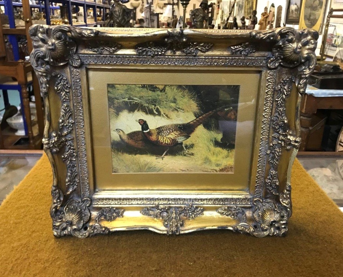 Vintage Oleograph Painting of Pheasants in a Carvers and Guilders Gilded Wood Frame