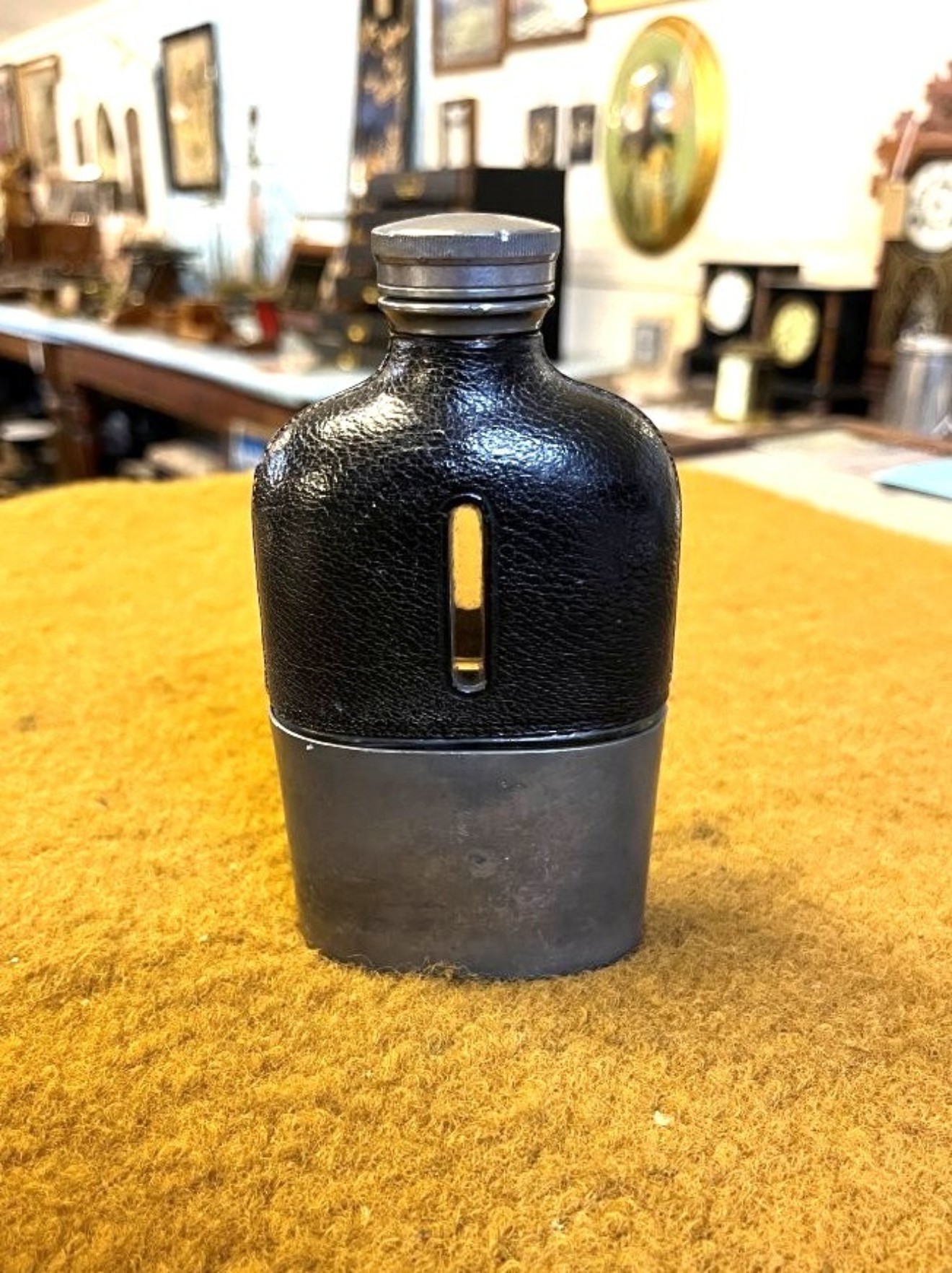 Antique Pewter / Glass / Leather Bound Spirit Flask by James Dixon & Sons Sheffield