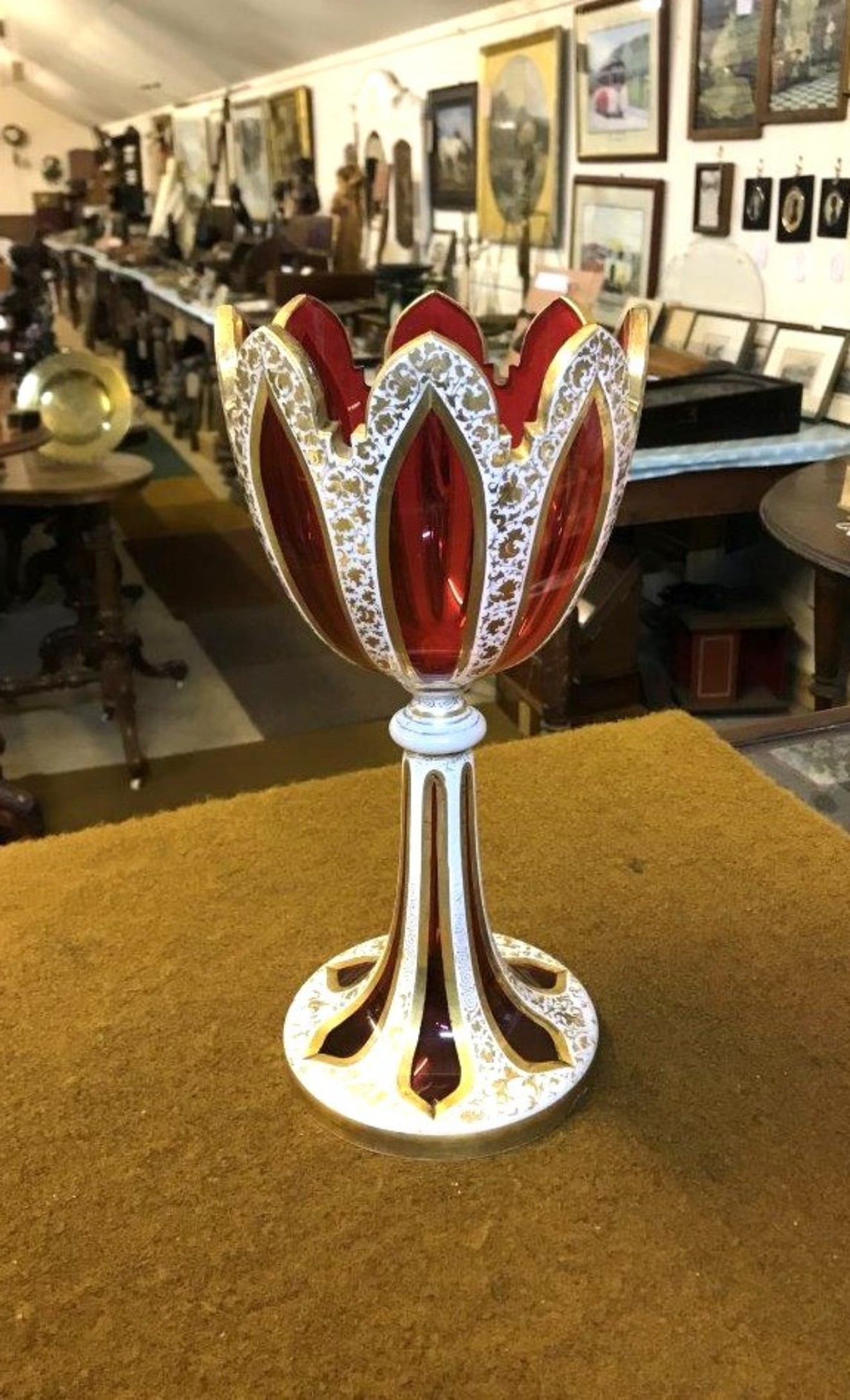 Antique Bohemian Overlaid Ruby Glass Vase / Table Centrepiece