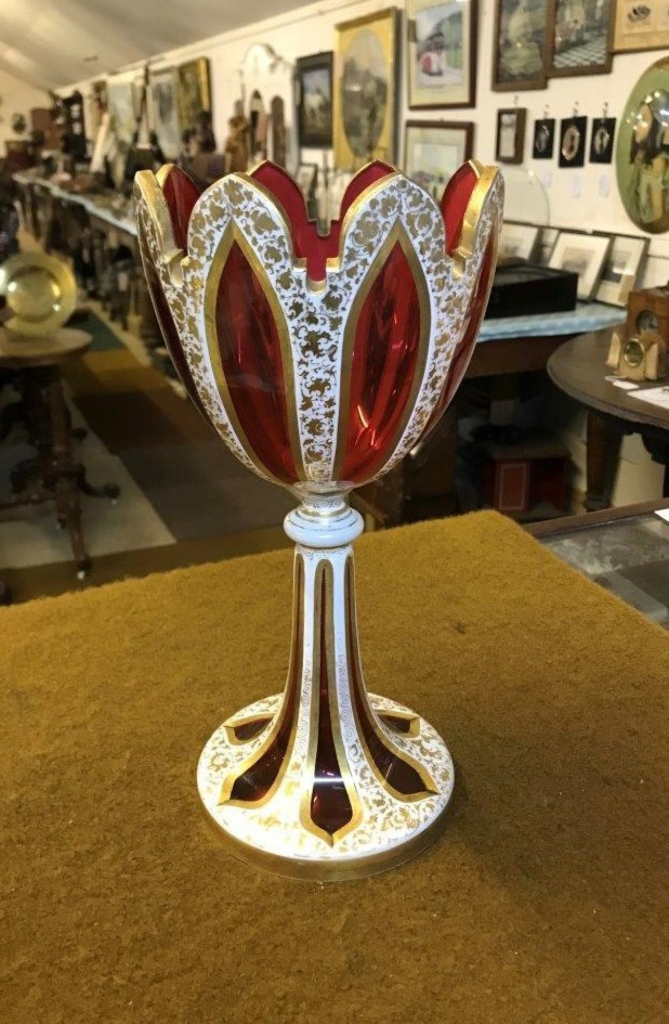 Antique Bohemian Overlaid Ruby Glass Vase / Table Centrepiece