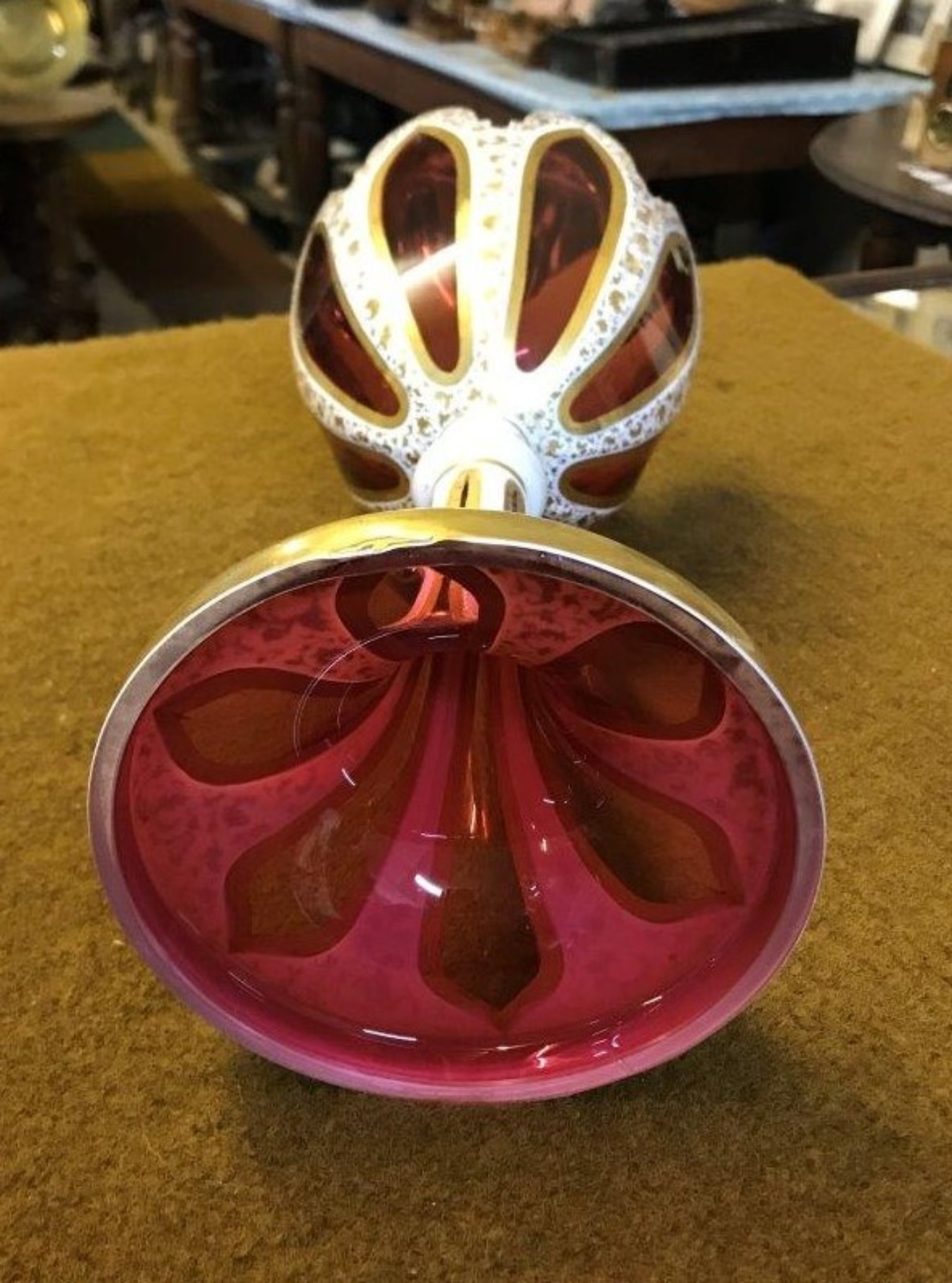 Antique Bohemian Overlaid Ruby Glass Vase / Table Centrepiece