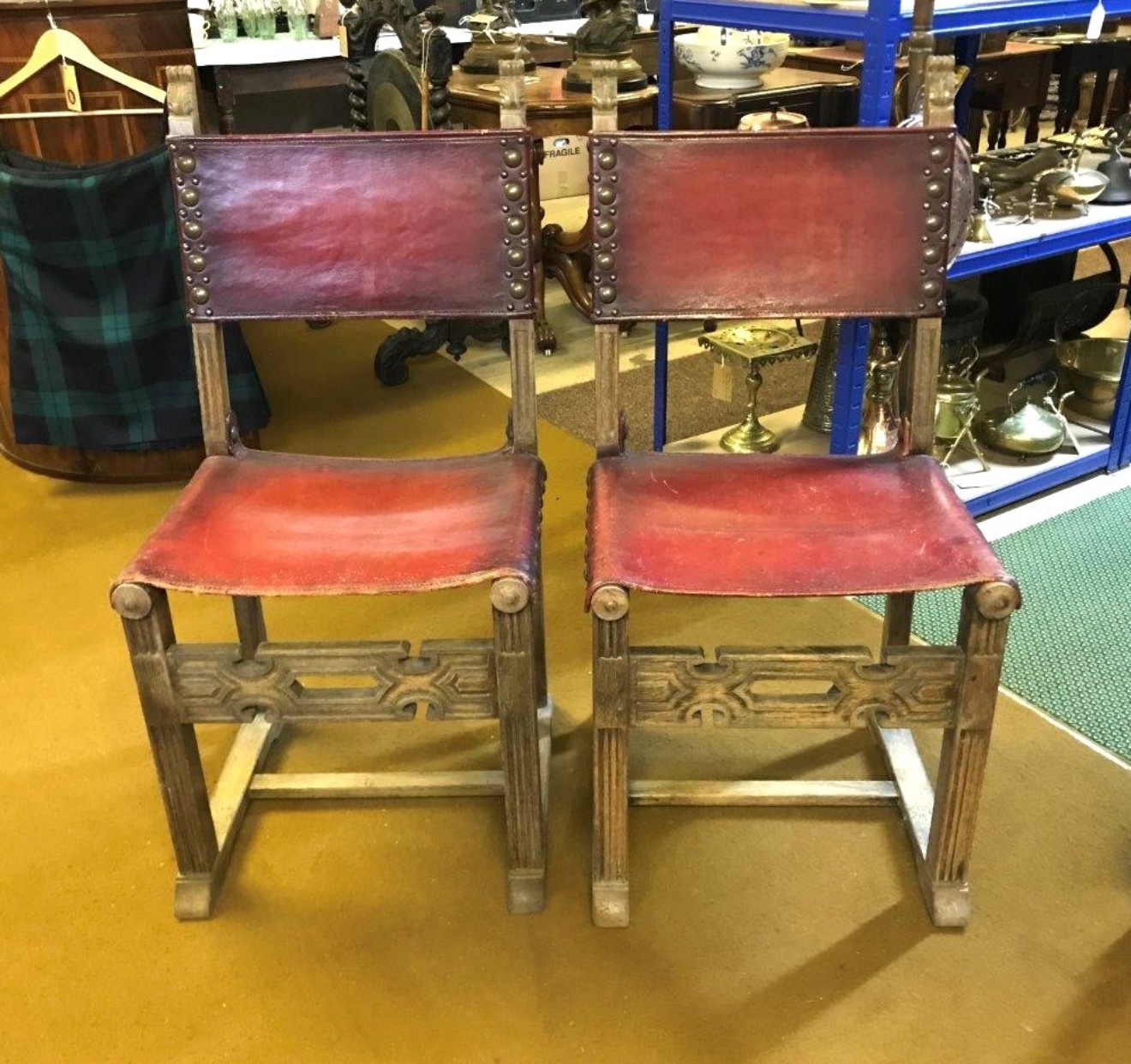 Pair of Spanish Revival Oak and Leather Side / Hall Chairs