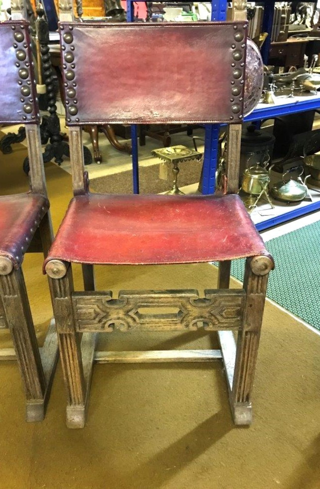 Pair of Spanish Revival Oak and Leather Side / Hall Chairs