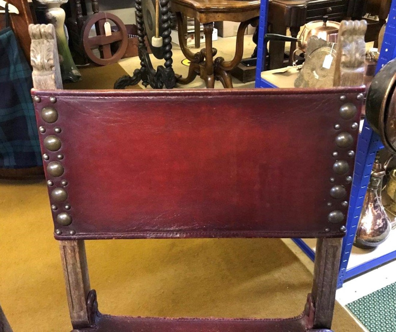 Pair of Spanish Revival Oak and Leather Side / Hall Chairs