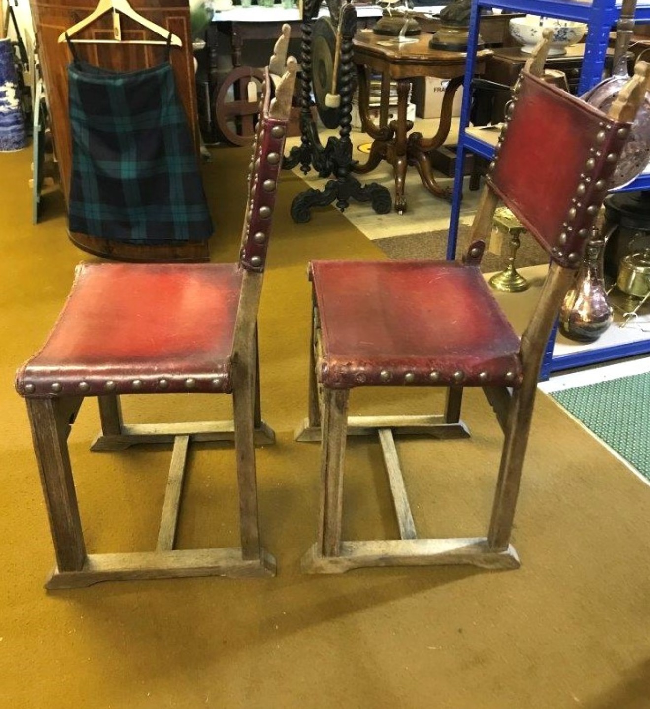 Pair of Spanish Revival Oak and Leather Side / Hall Chairs