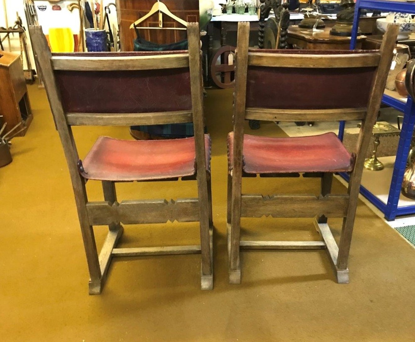 Pair of Spanish Revival Oak and Leather Side / Hall Chairs