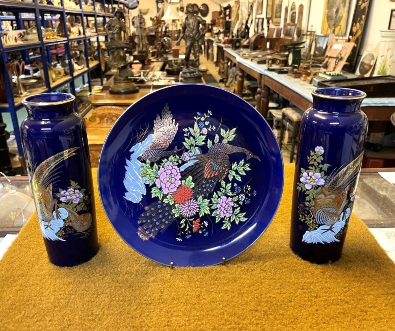 Vintage Pair of Japanese Porcelain Vases and Plate Cobalt Blue and Gilt Floral Pheasant Design