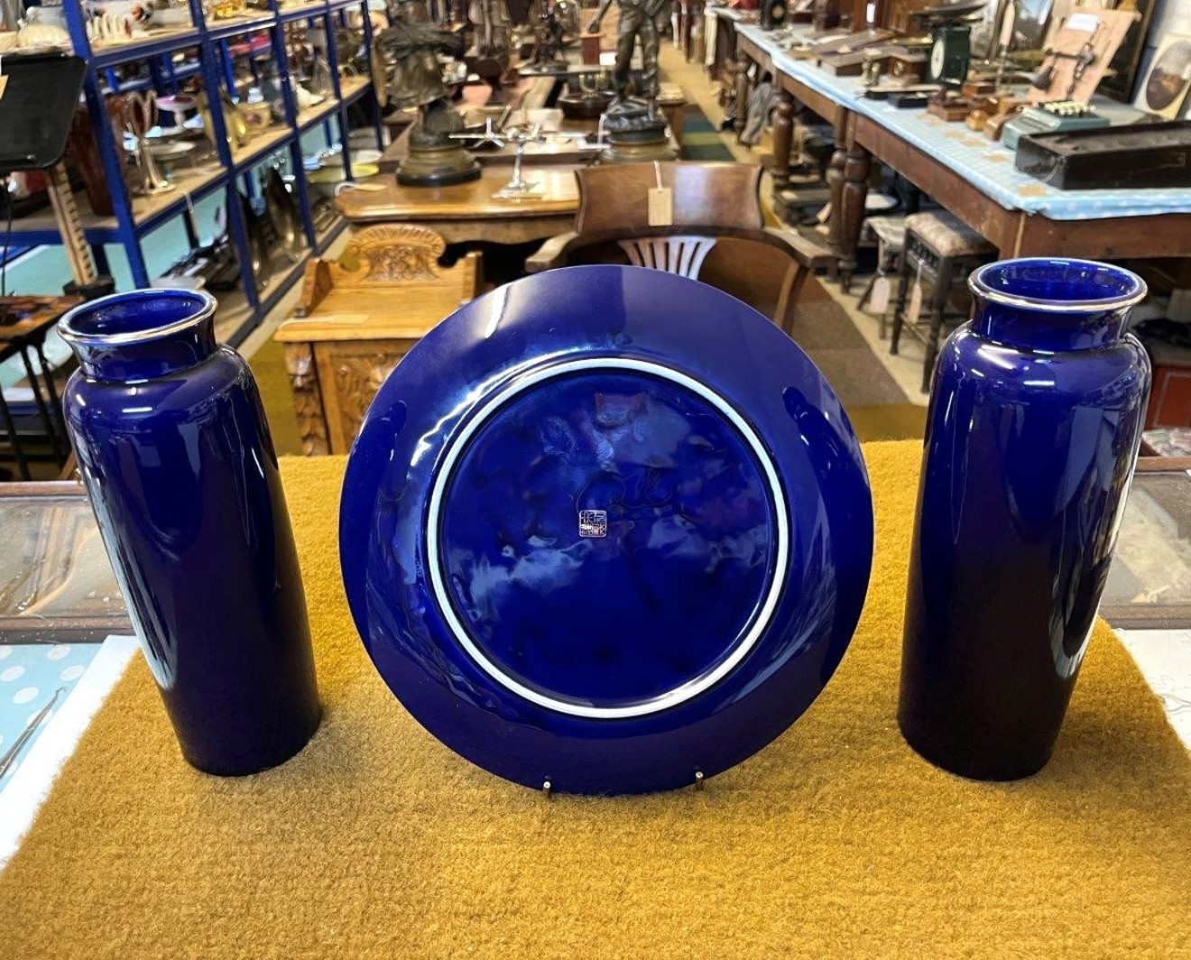 Vintage Pair of Japanese Porcelain Vases and Plate Cobalt Blue and Gilt Floral Pheasant Design