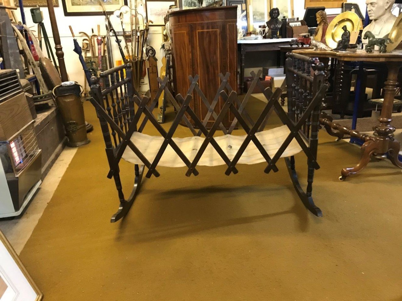 Victorian Beech Folding Cradle on Rockers Canvas Lined Base