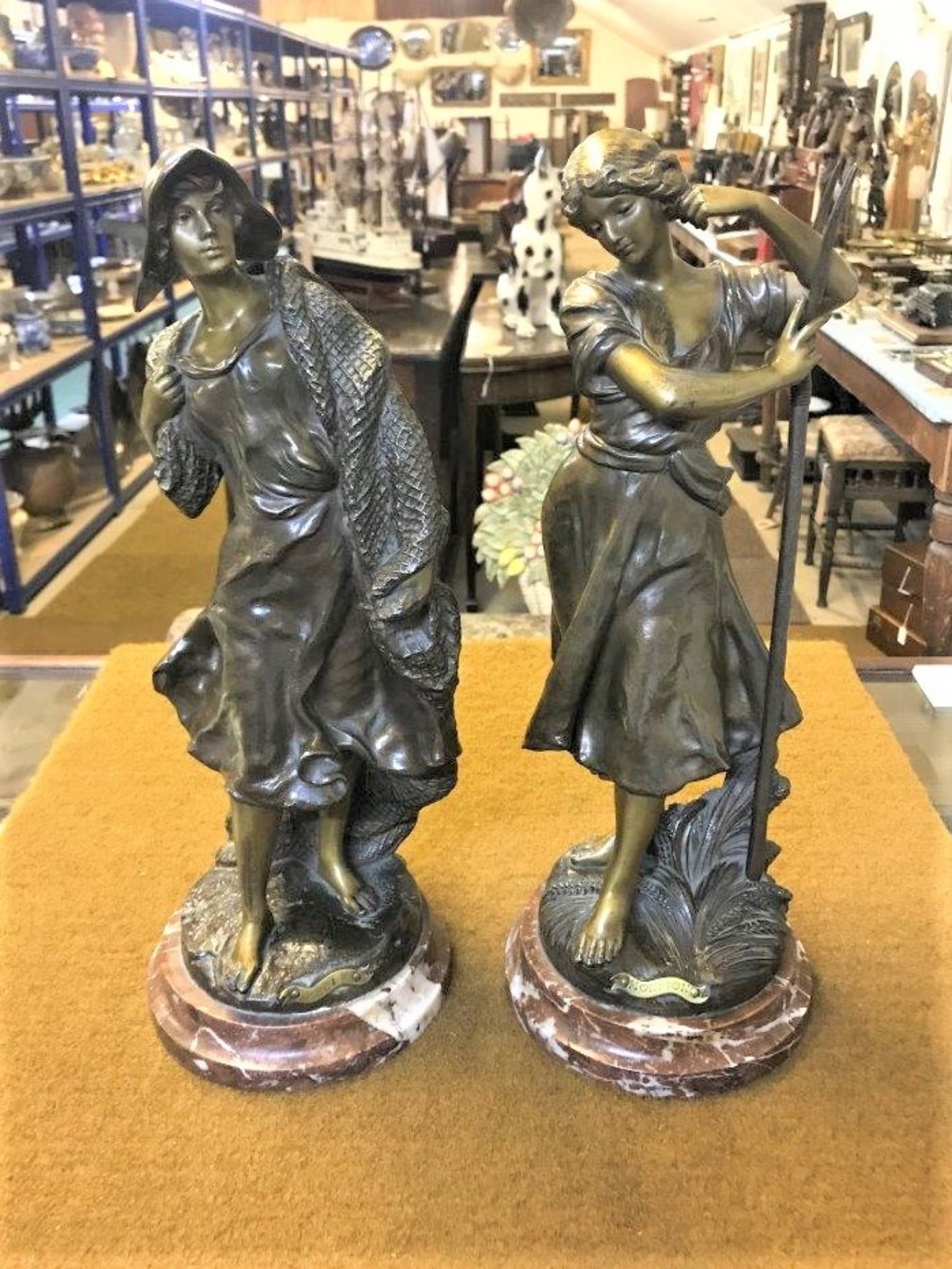 Pair of Bronzed Spelter Figures Peche and Moisson on Marble Bases