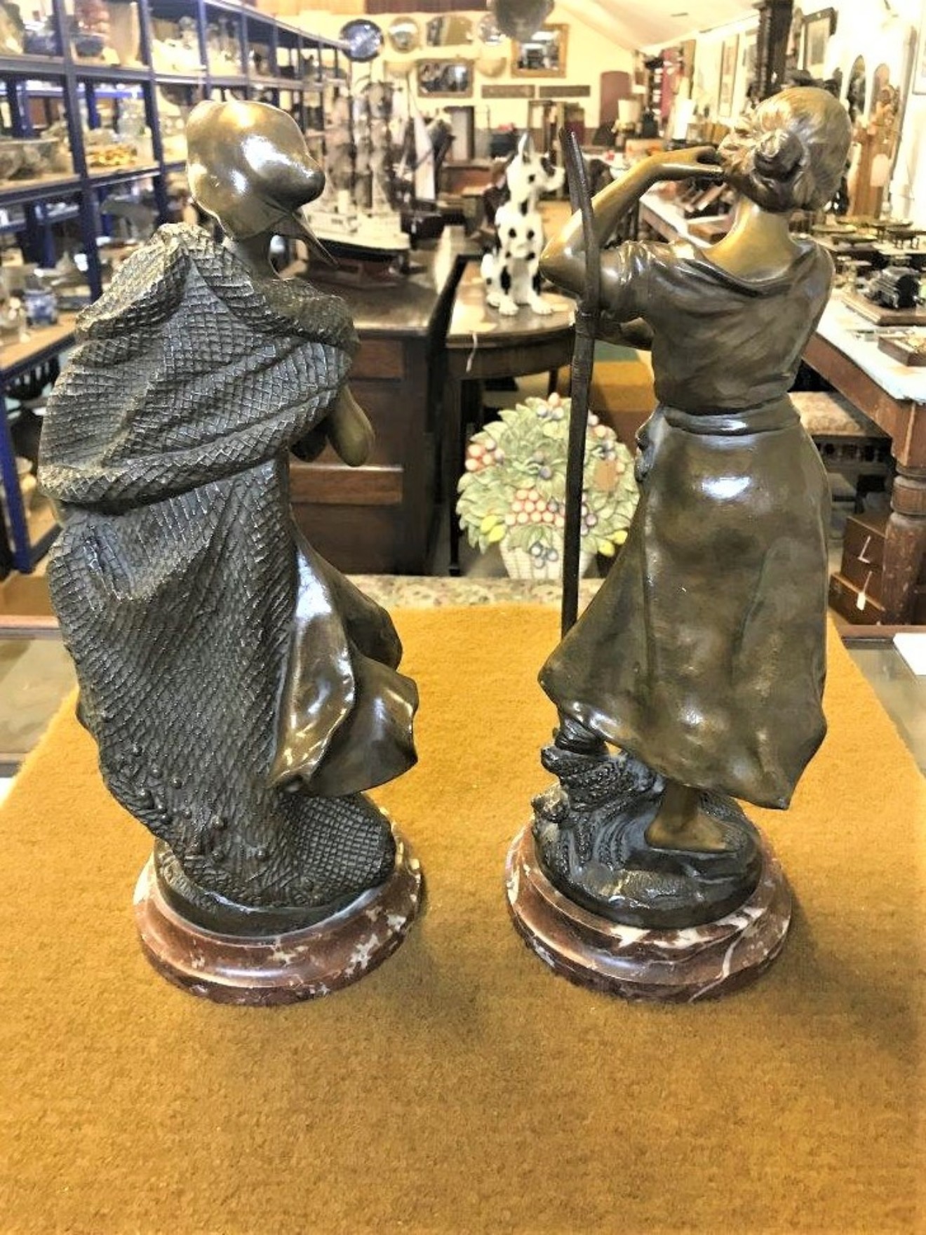 Pair of Bronzed Spelter Figures Peche and Moisson on Marble Bases