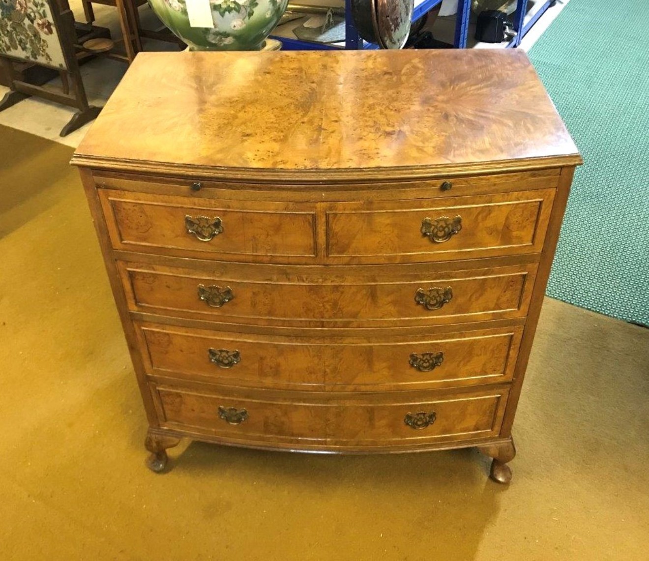Queen Anne Style Burr Walnut Bow Front Chest of Drawers