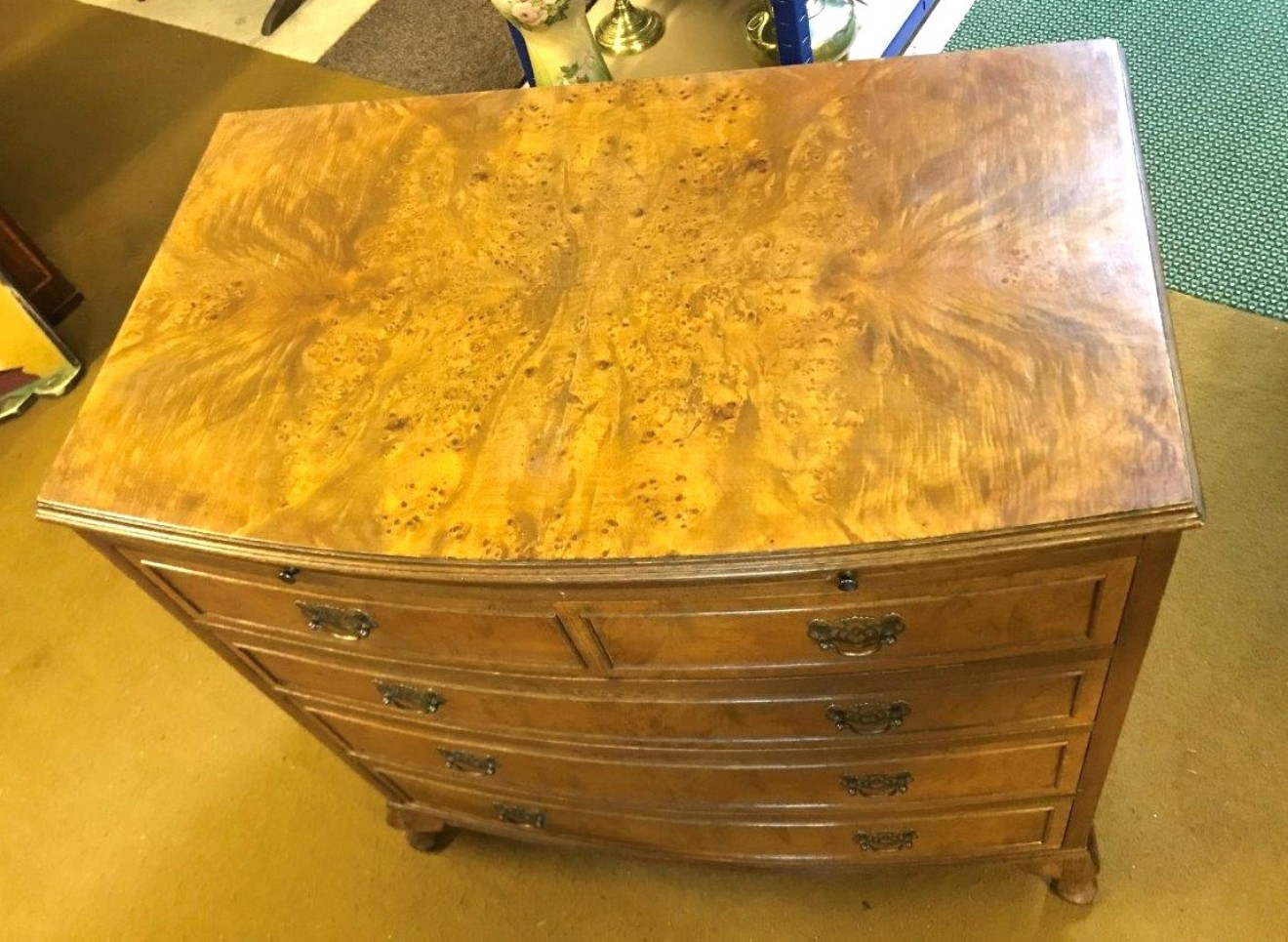 Queen Anne Style Burr Walnut Bow Front Chest of Drawers