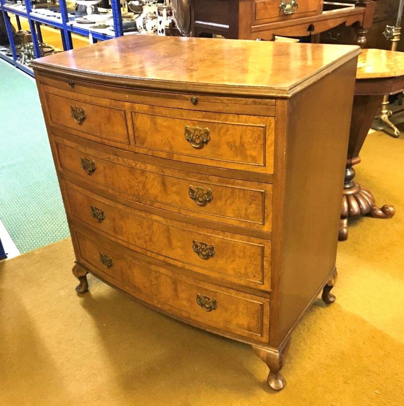 Queen Anne Style Burr Walnut Bow Front Chest of Drawers