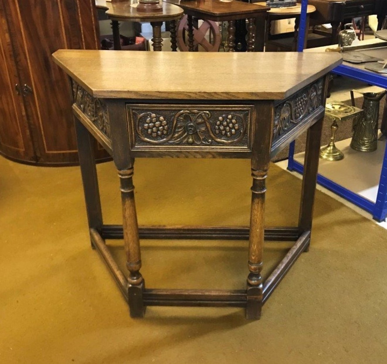 Vintage Carved Oak Canted Hall / Console Table with Grape and Vine Design