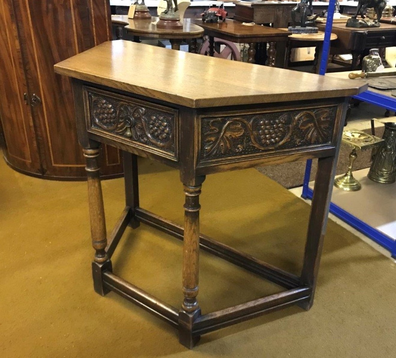 Vintage Carved Oak Canted Hall / Console Table with Grape and Vine Design