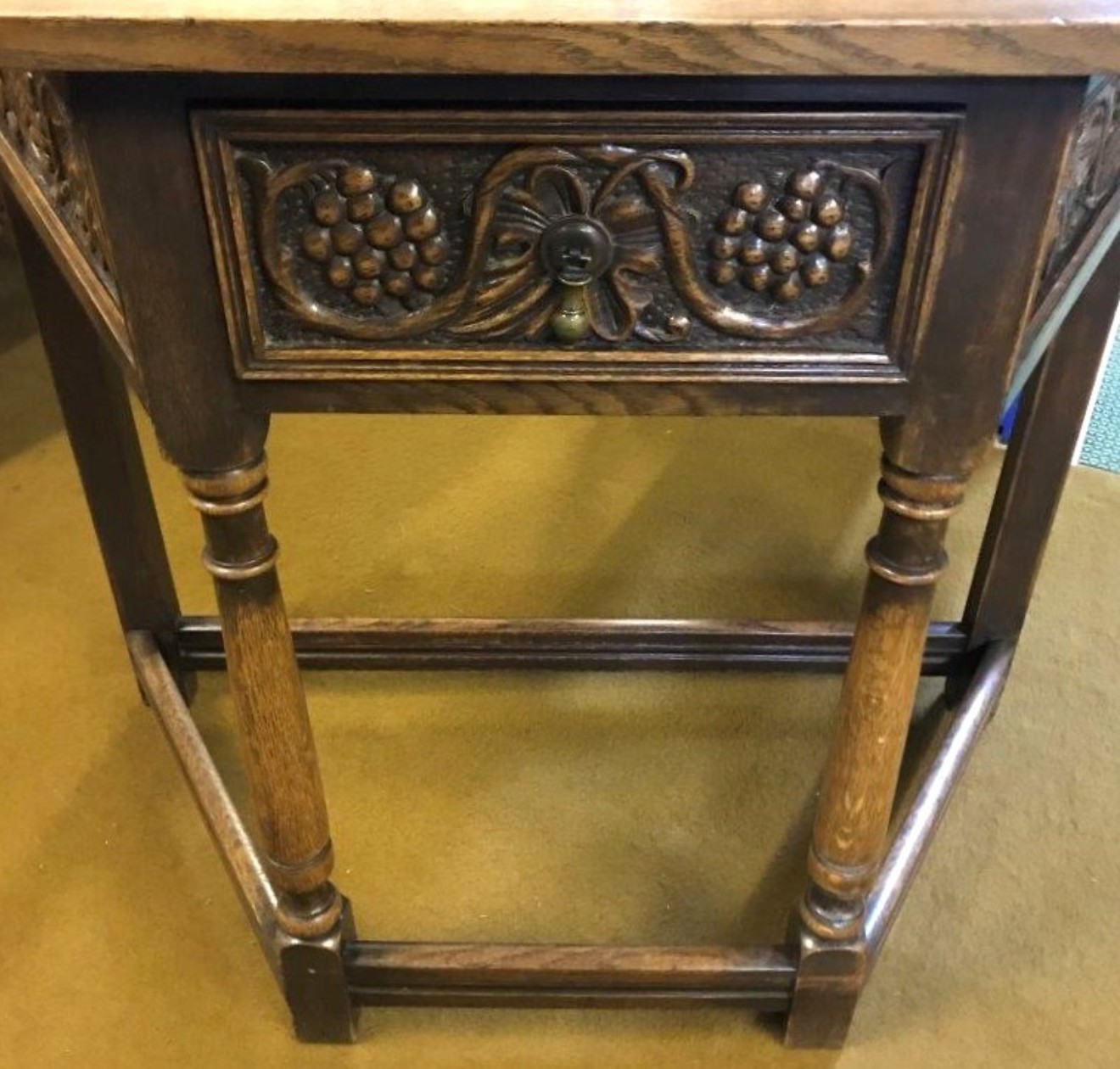 Vintage Carved Oak Canted Hall / Console Table with Grape and Vine Design