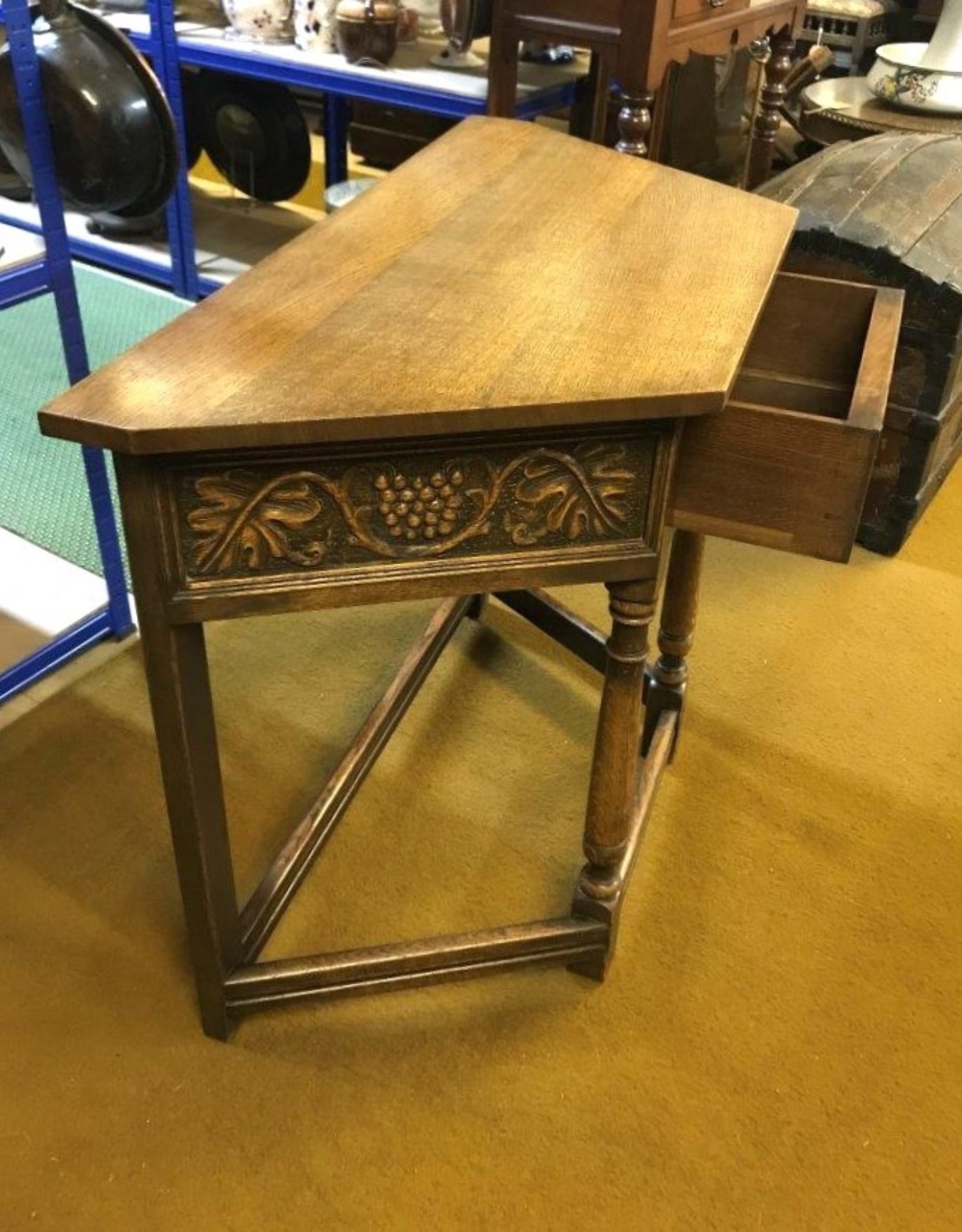 Vintage Carved Oak Canted Hall / Console Table with Grape and Vine Design