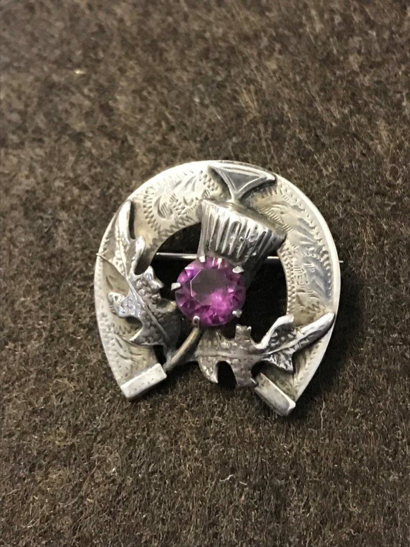 Vintage Scottish Silver Lucky Horseshoe Thistle Brooch with Amethyst Coloured Stone