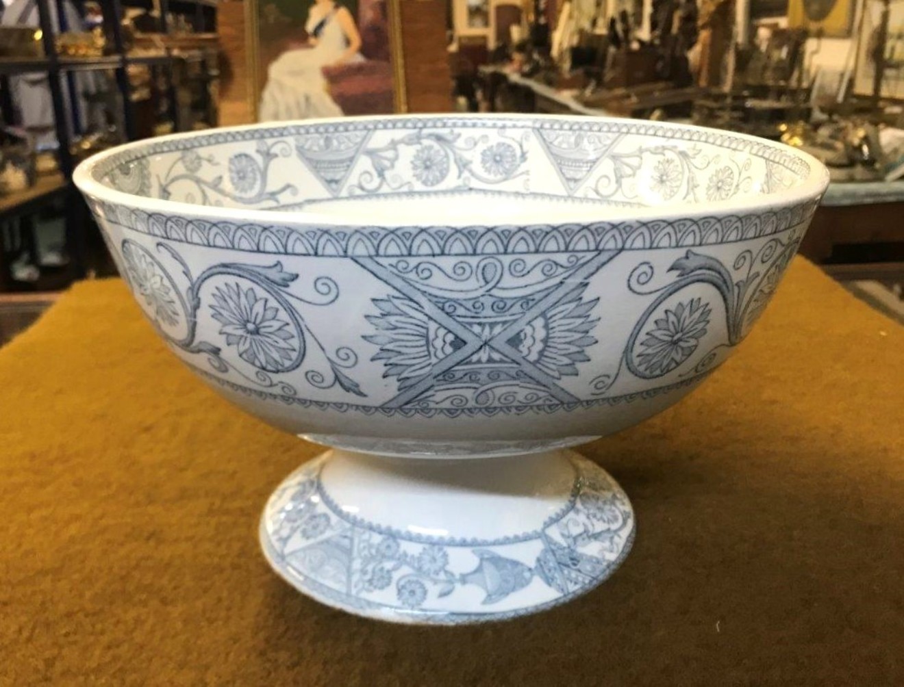 Antique Bells Pottery "Blythswood" Pattern Punch Bowl Grey / White Geometric Floral Pattern