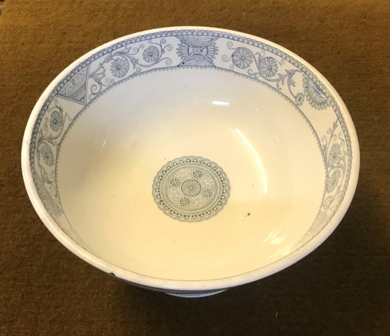 Antique Bells Pottery "Blythswood" Pattern Punch Bowl Grey / White Geometric Floral Pattern