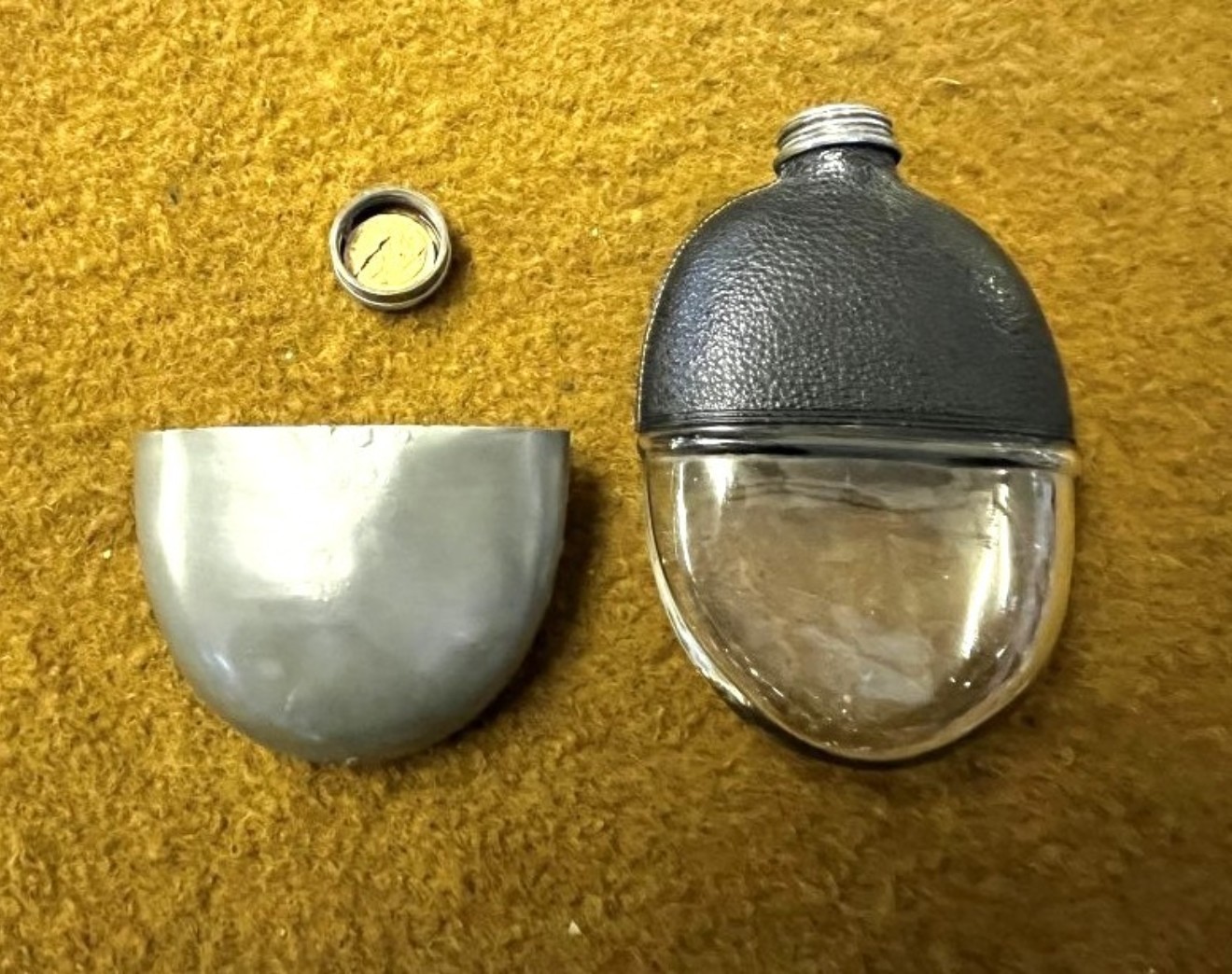 Antique Pewter / Glass / Leather Bound Pocket Spirit Flask