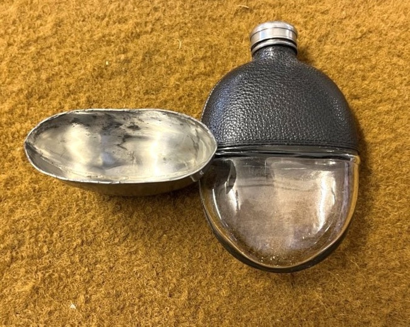 Antique Pewter / Glass / Leather Bound Pocket Spirit Flask
