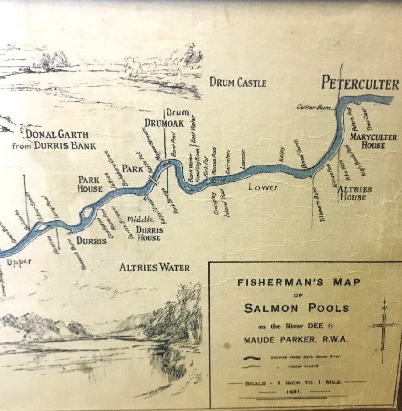 Vintage Fisherman's Map of Salmon Pools on the River Dee by Maude Parker R.W.A.