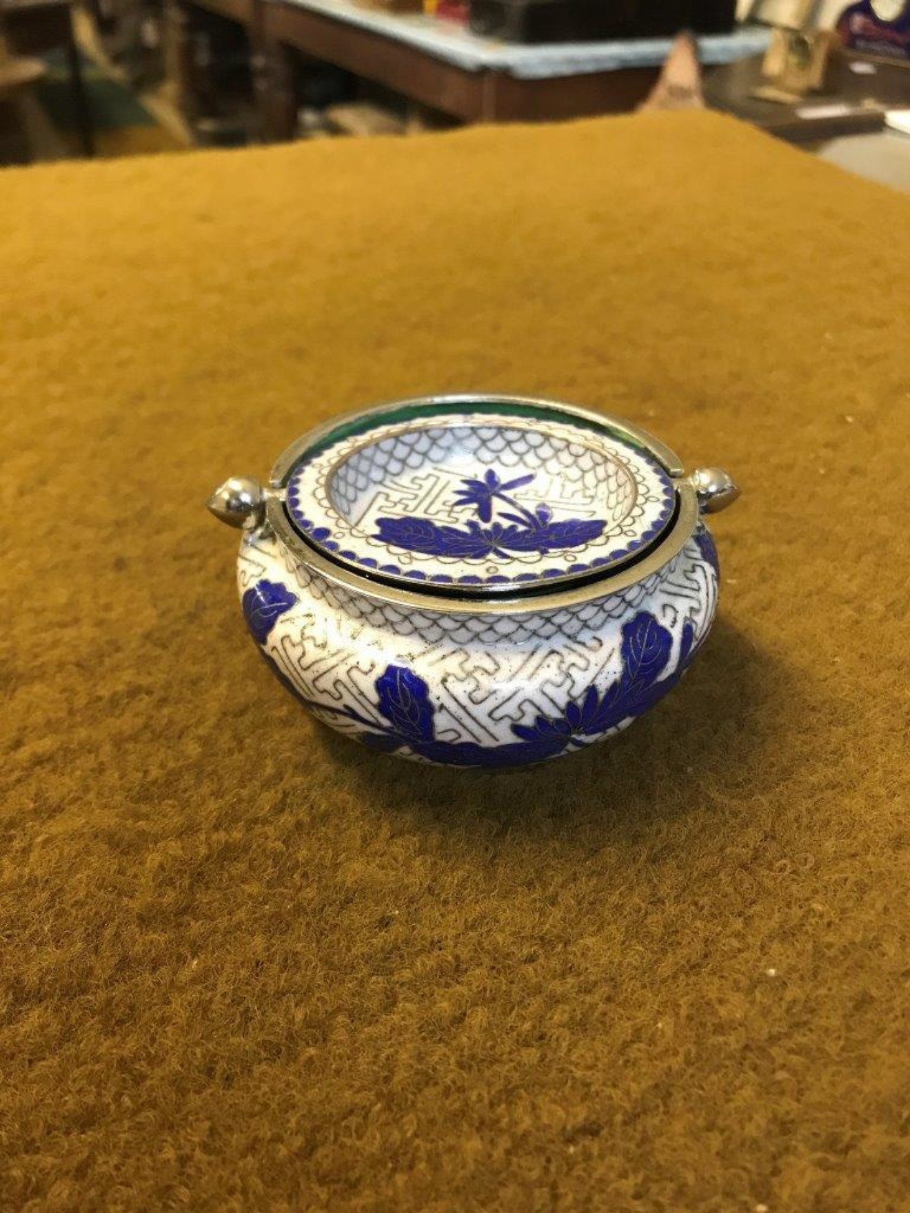 Vintage Chinese Cloisonne Enamel Swing Top Incense Burner / Ashtray