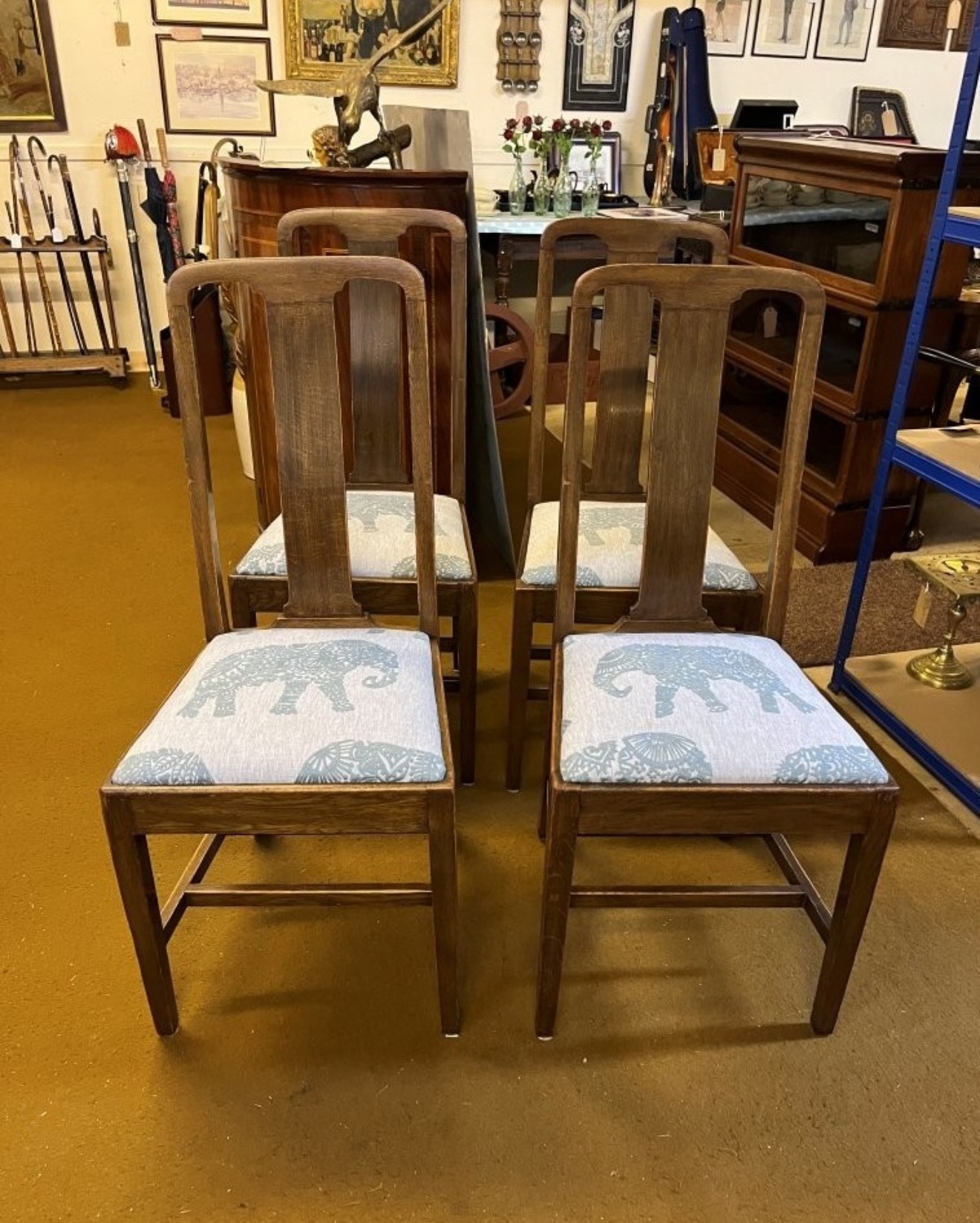 Vintage Set of 4 Mahogany Dining Chairs with Elephant Pattern Seats