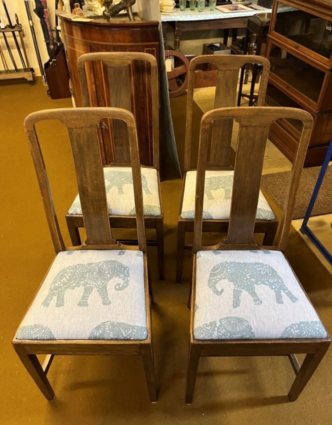 Vintage Set of 4 Mahogany Dining Chairs with Elephant Pattern Seats