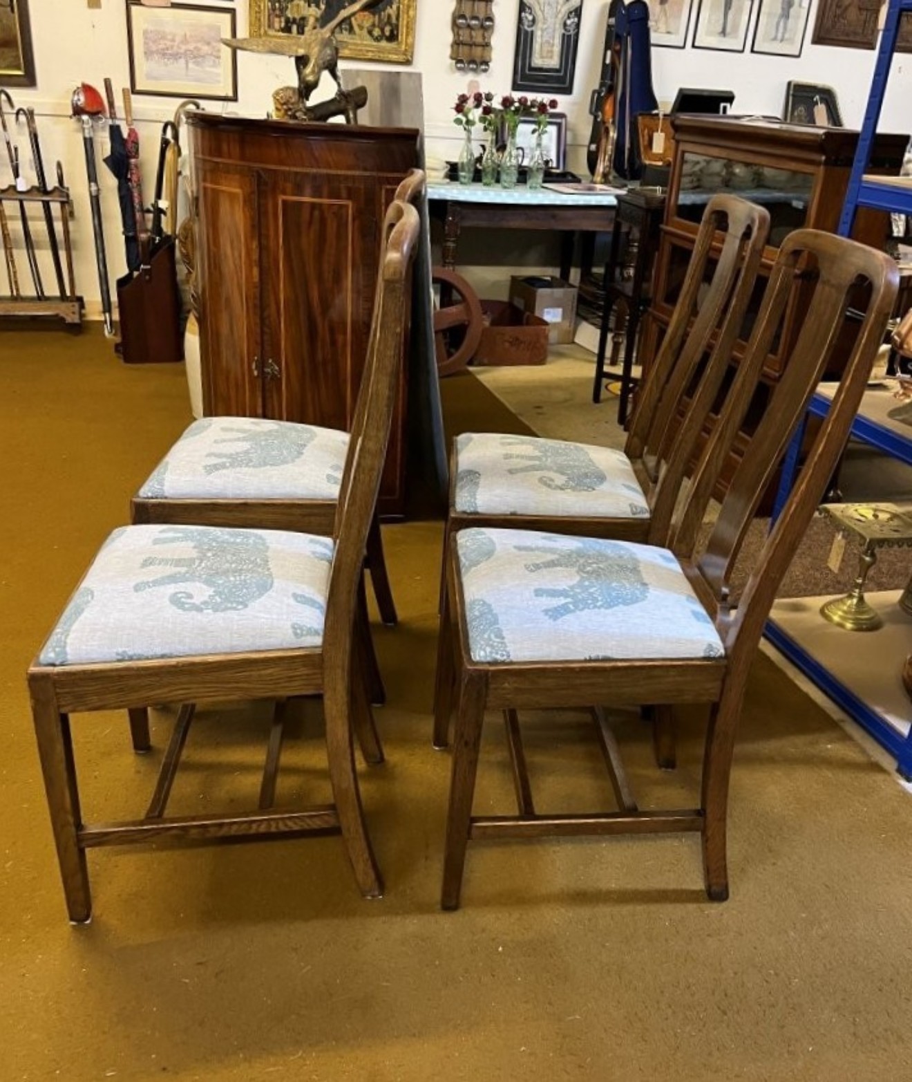 Vintage Set of 4 Mahogany Dining Chairs with Elephant Pattern Seats