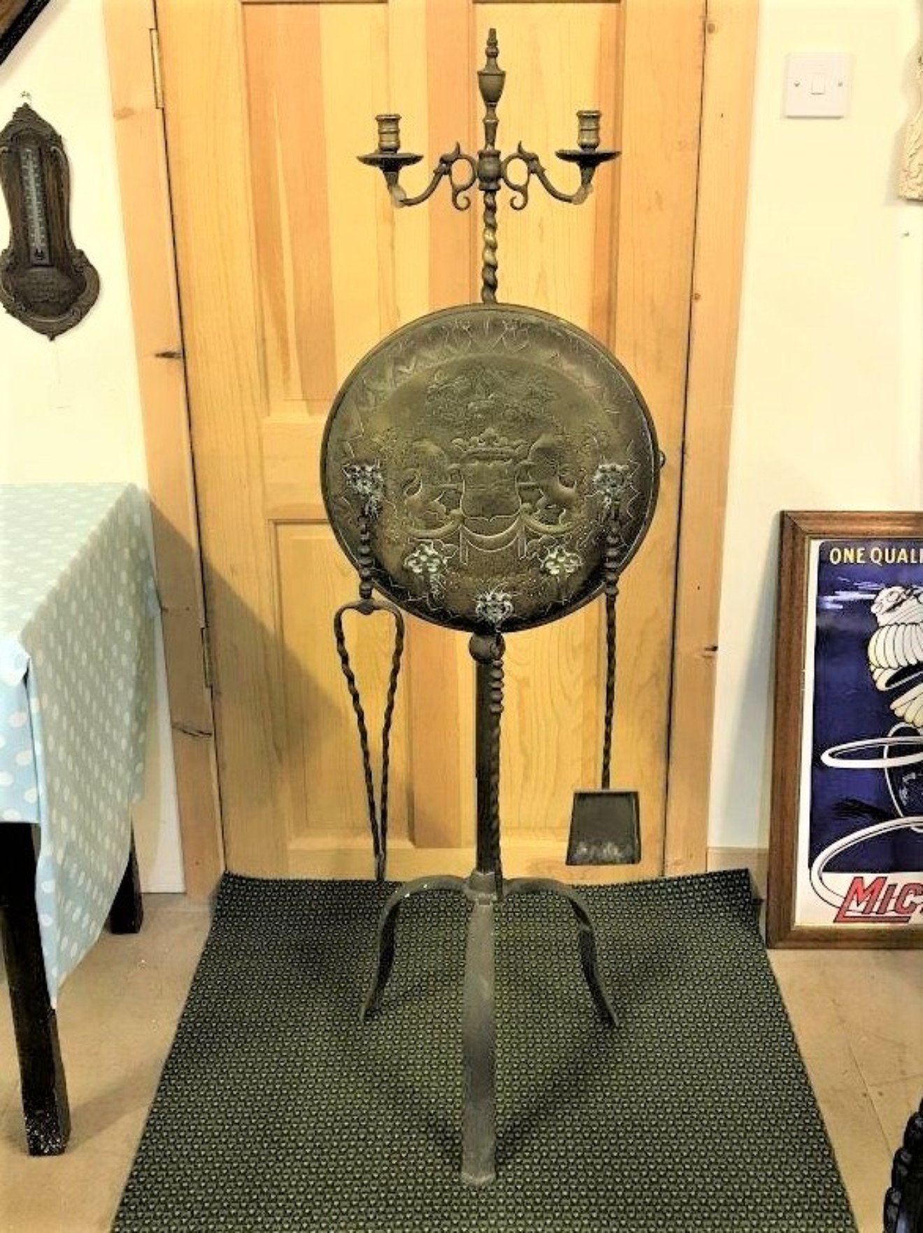 Brass Fireside Stand with Armorial Shield