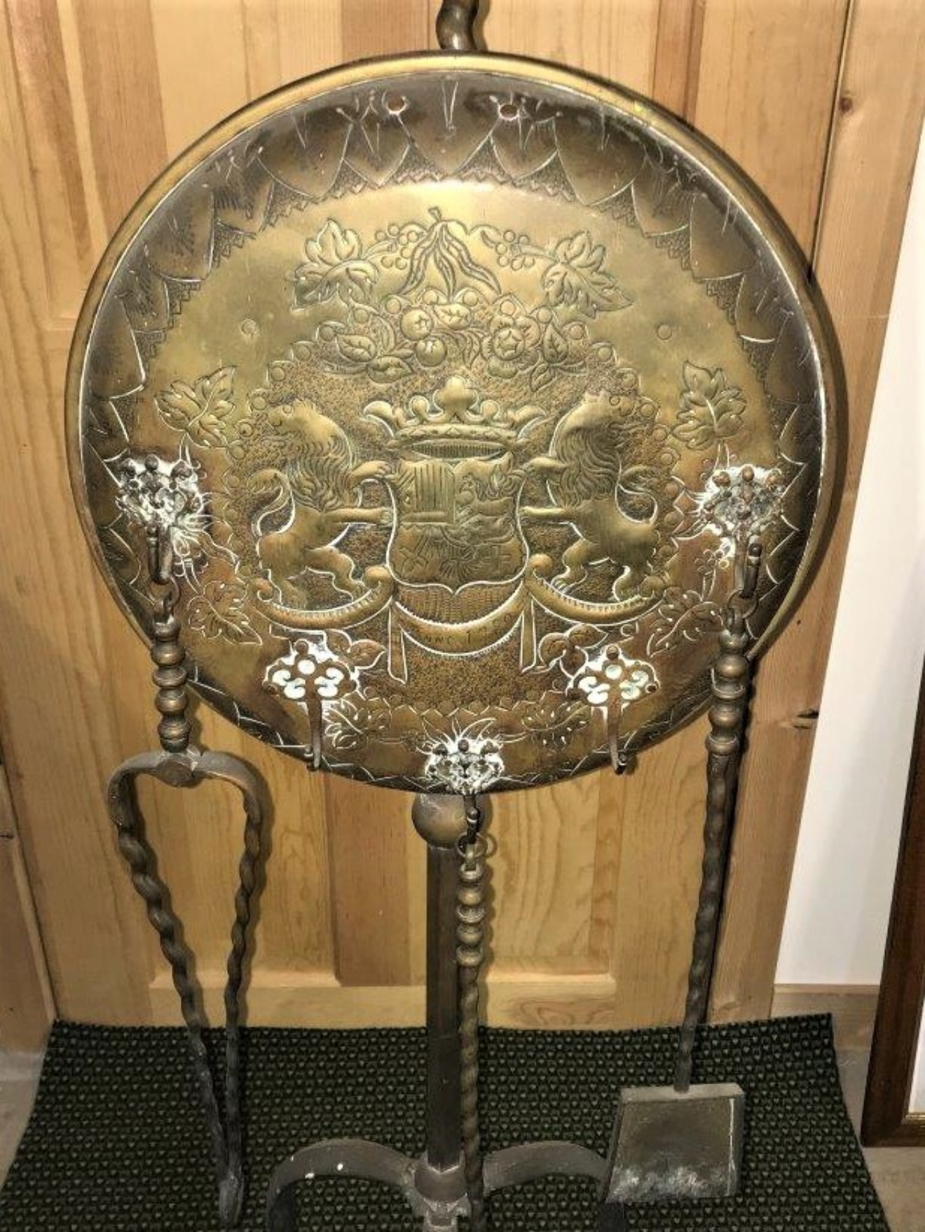 Brass Fireside Stand with Armorial Shield