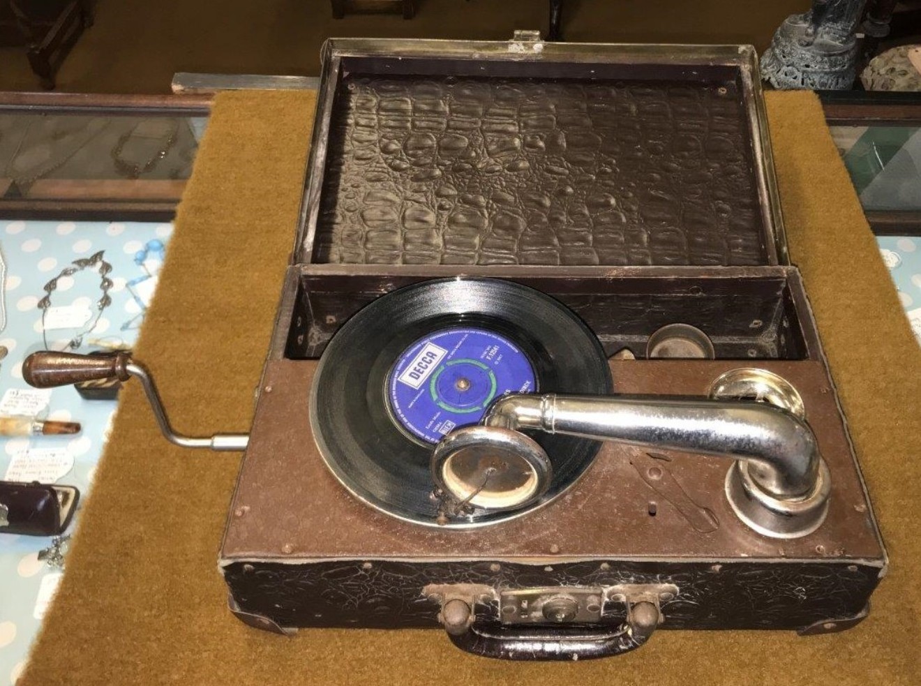 Vintage Portable 45 RPM Gramophone In Faux Alligator Skin Case