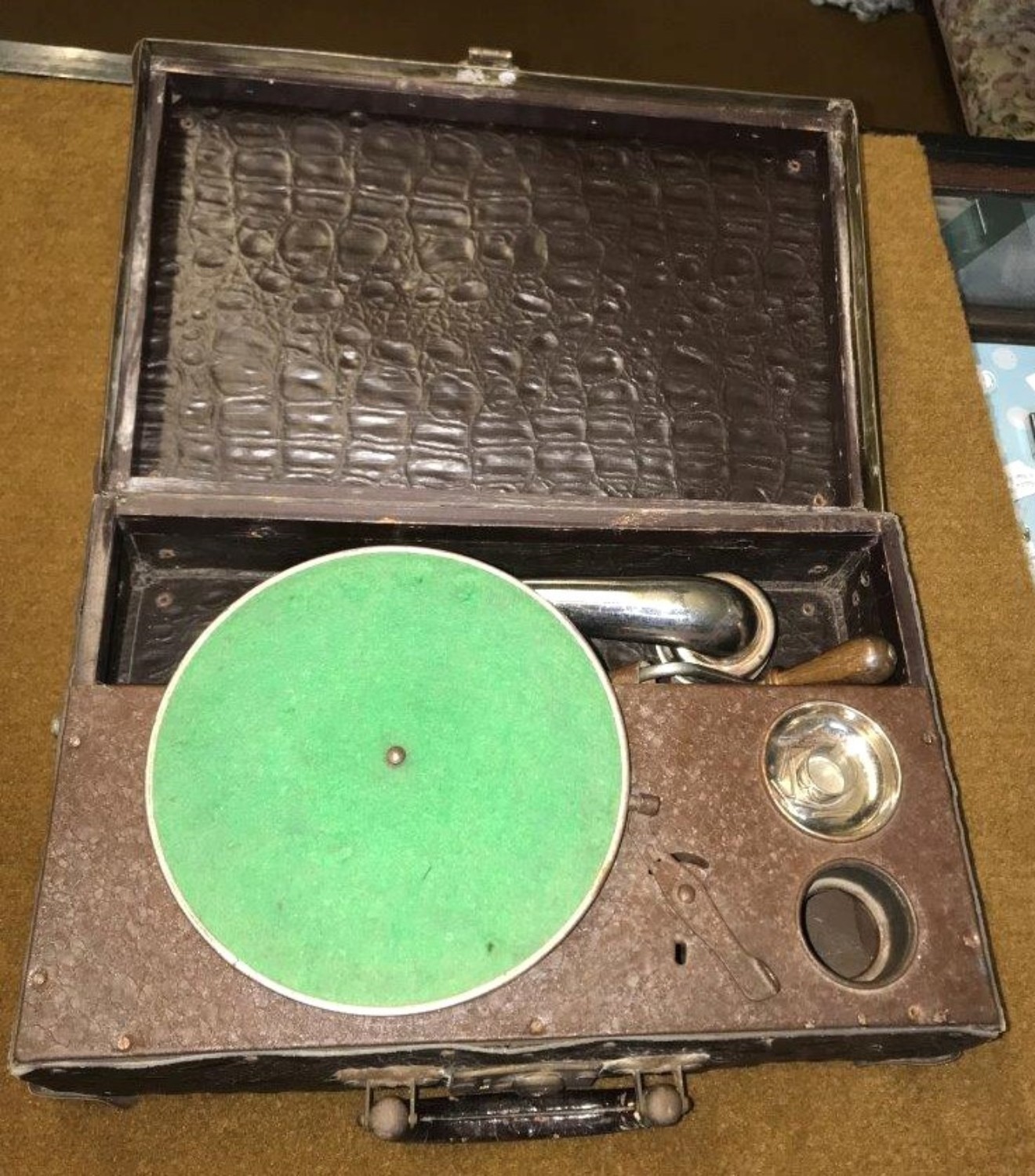 Vintage Portable 45 RPM Gramophone In Faux Alligator Skin Case