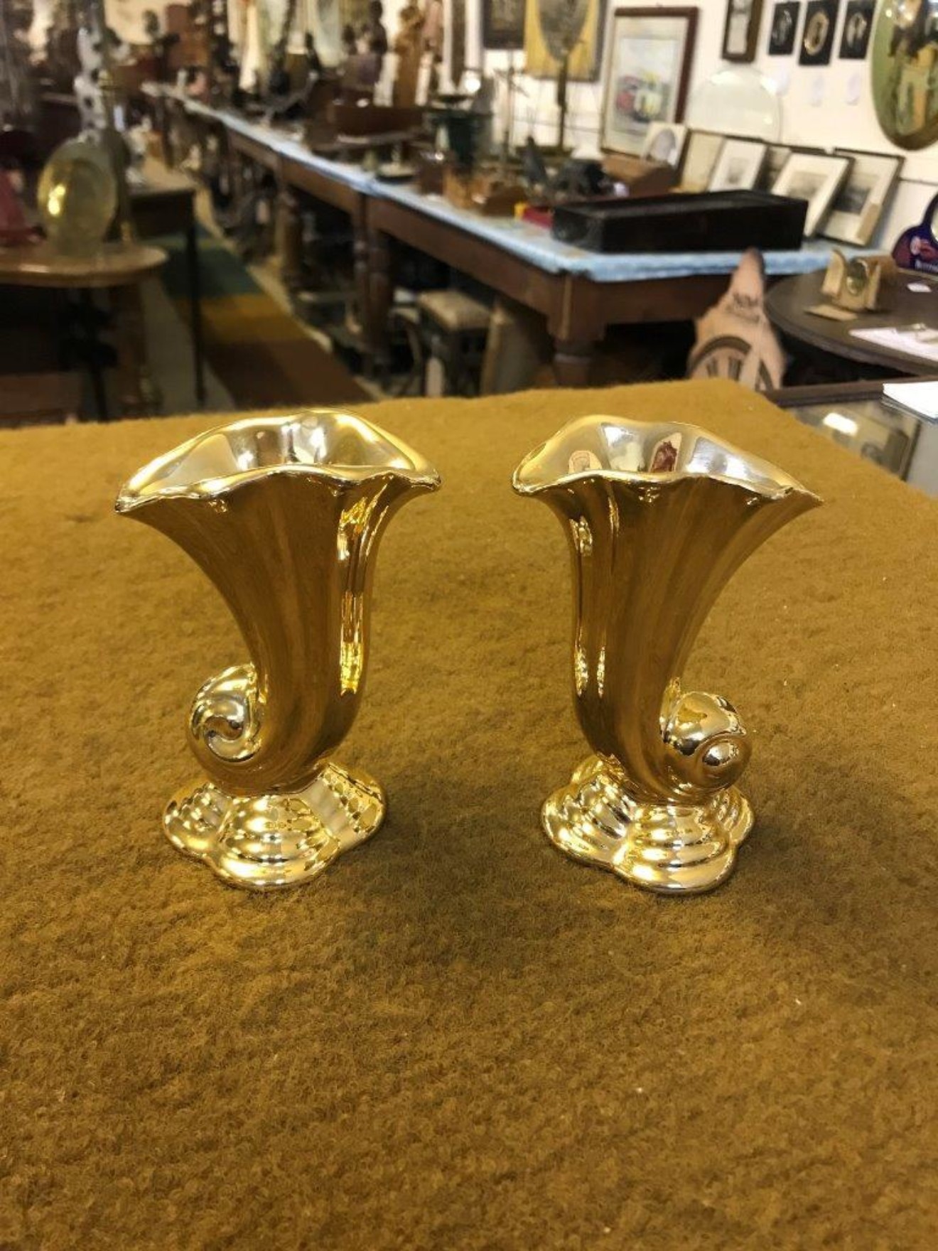 Vintage Pair of Royal Winton Grimwades Gold Cornucopia Spill Vases