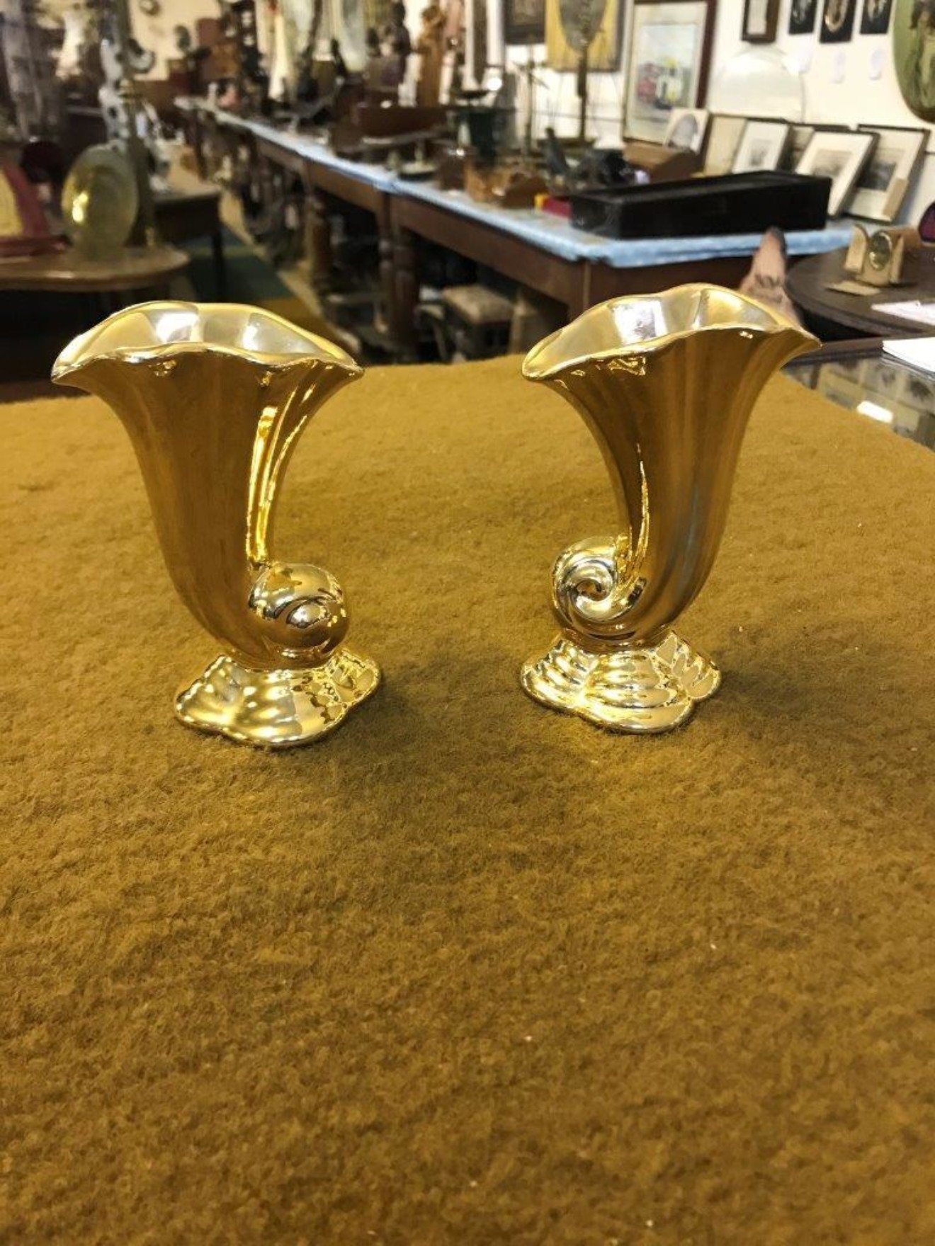 Vintage Pair of Royal Winton Grimwades Gold Cornucopia Spill Vases