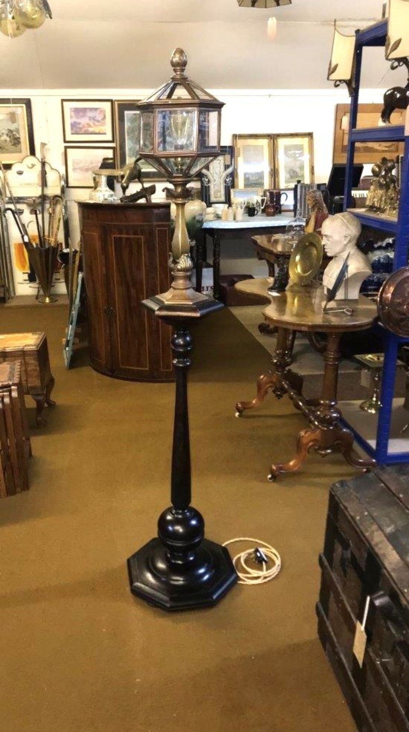 Antique Floor Standing Brass and Oak Lantern Lamp