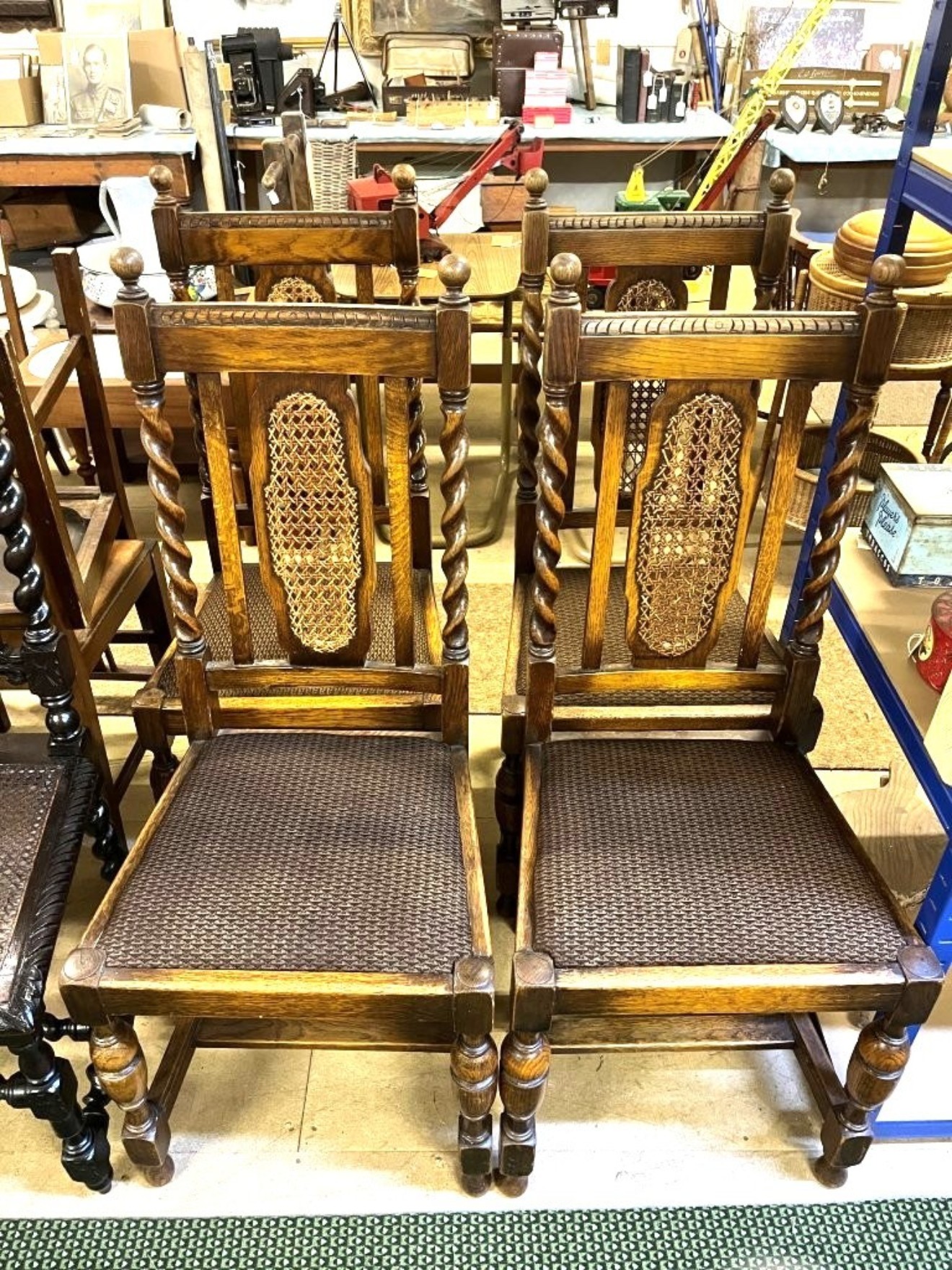 Antique Set of 4 Oak Jacobean Revival Bergère Dining Chairs