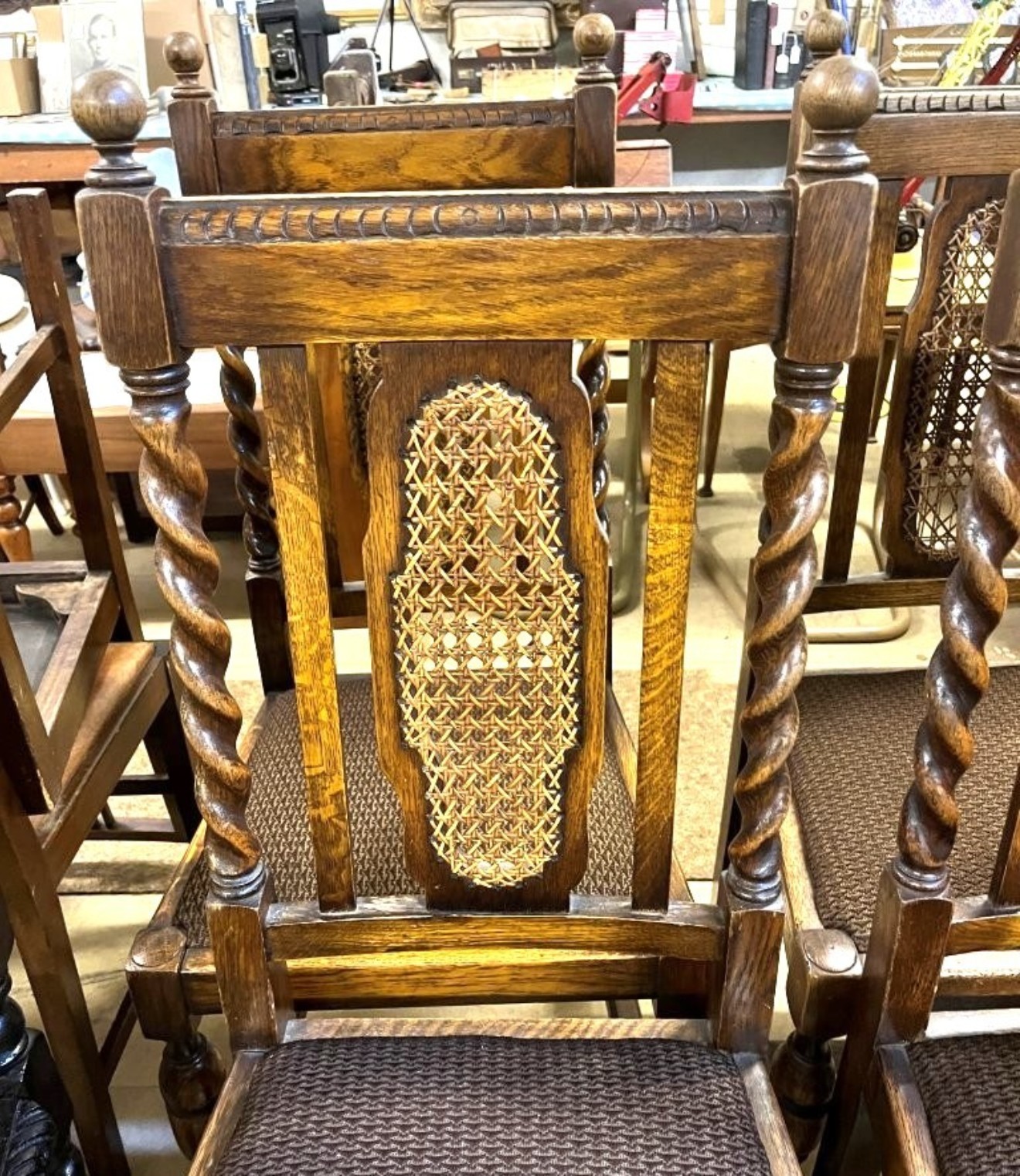 Antique Set of 4 Oak Jacobean Revival Bergère Dining Chairs