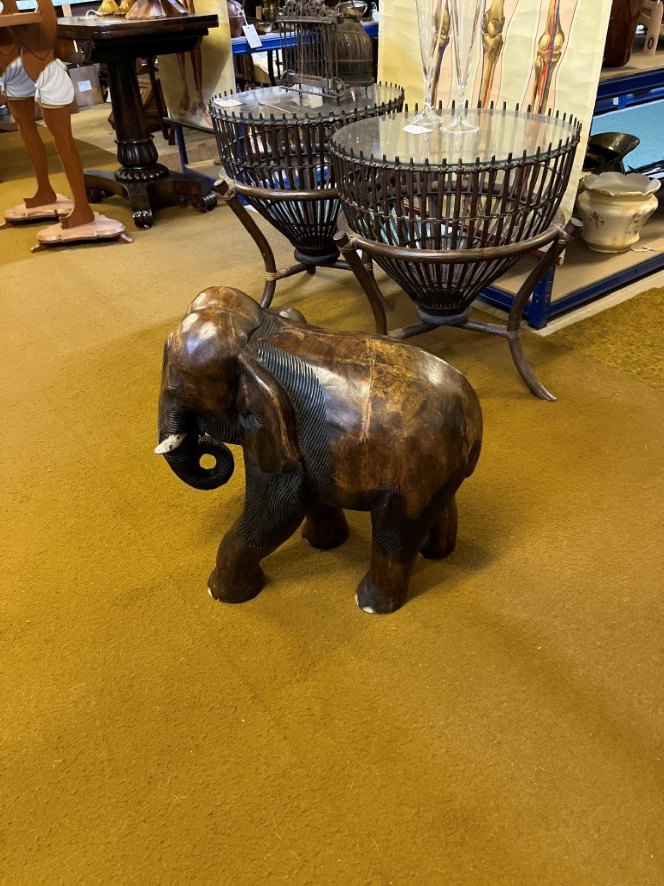Vintage Large Carved Wood Elephant Figure