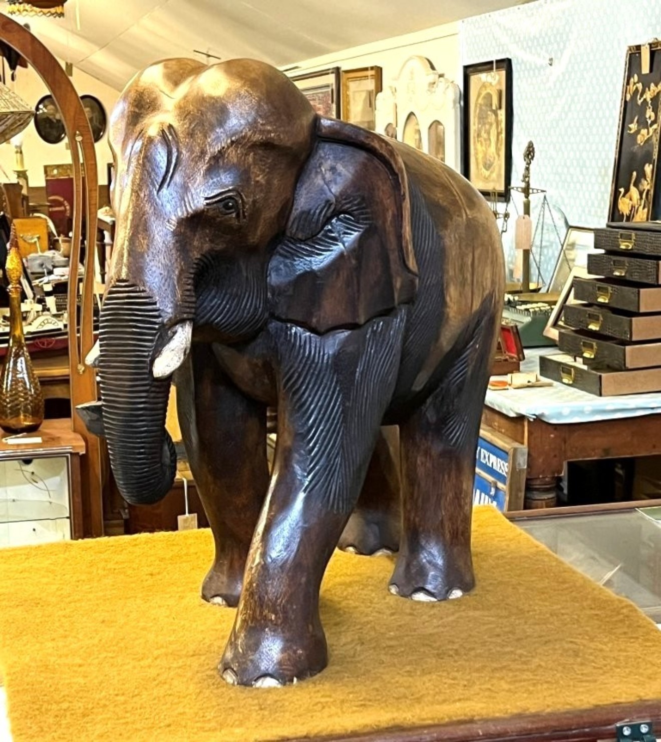 Vintage Large Carved Wood Elephant Figure