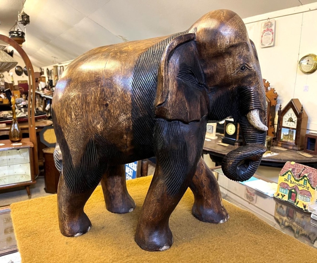 Vintage Large Carved Wood Elephant Figure